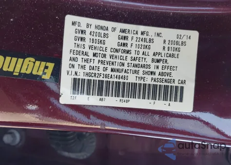 2014 Honda Accord Lx z USA, uszkodzony, nr VIN 1HGCR2F36EA148480